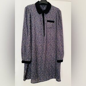 I Heart Ronson Confetti Tulip Print Long Sleeve Black Collar Grey Dress L